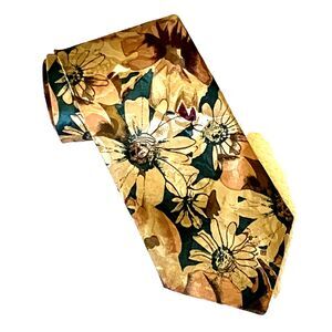 Japanese Watercolor Vtg Tie Foil Printed Floral Kimono Shiny Green Gold Preppy